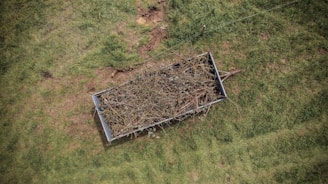 Aerial view of a rectangular metal cart filled with dry branches and twigs, placed on a grassy field. The grass appears lush and green, with some patches of bare soil visible.