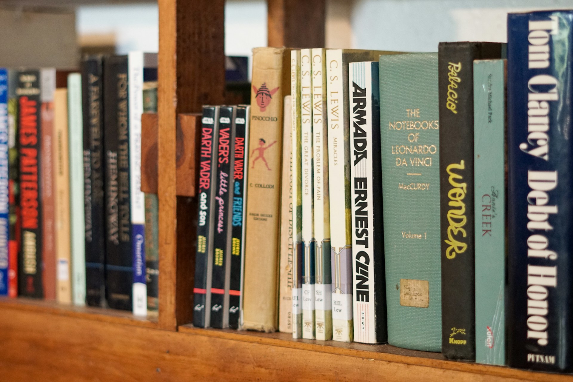 books on brown wooden shelf
