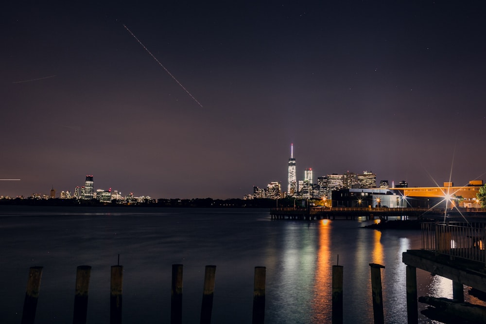 city skyline during night time