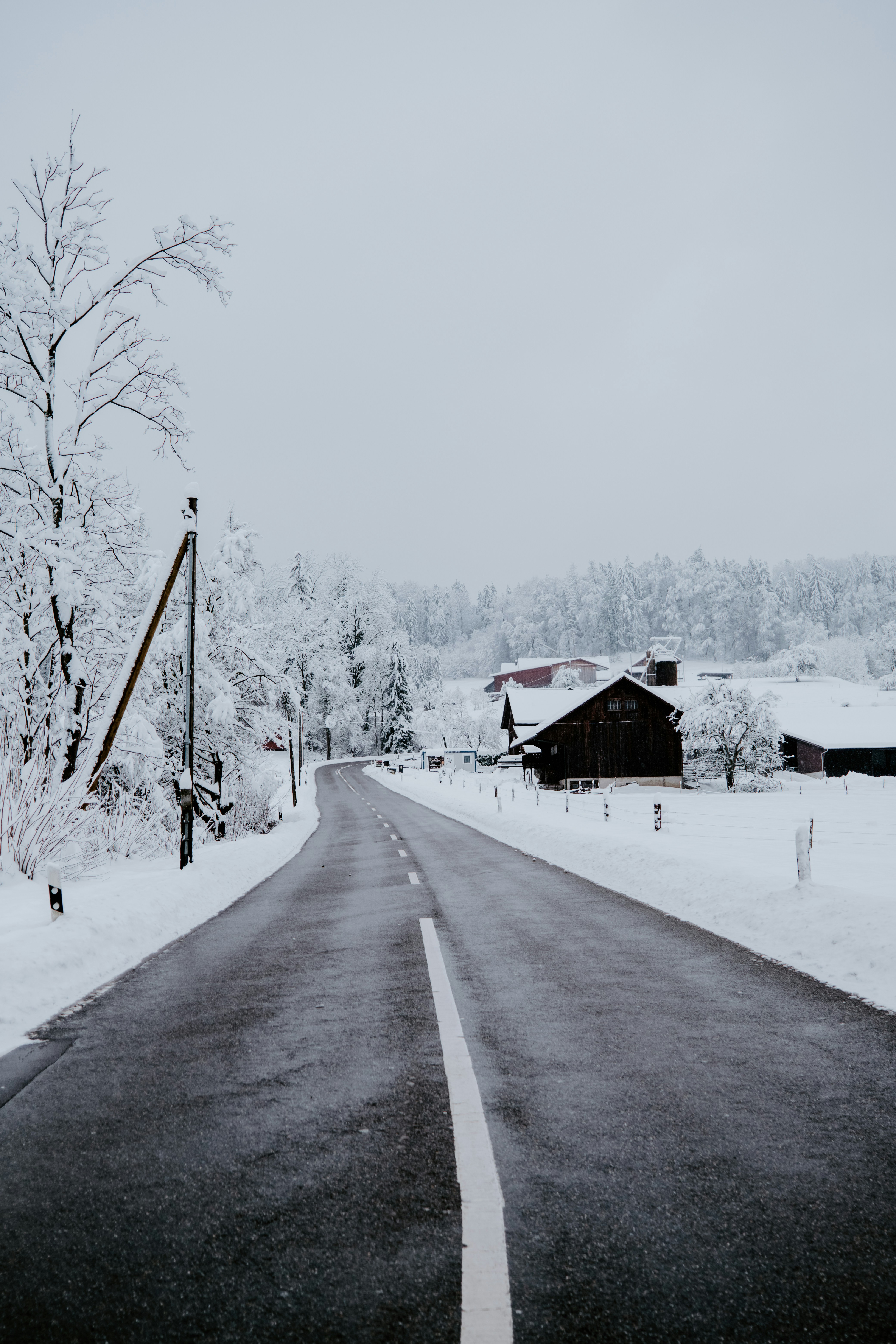 昼間は雪に覆われた地面に茶色い木造住宅