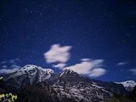 A panoramic view of snow-capped mountains under a clear, star-filled sky.
