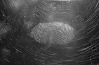 A black and white image featuring a prominent fingerprint on a surface with scratch marks. The texture and details of the fingerprint are clearly visible, suggesting close-up photography.