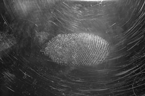 A black and white image featuring a prominent fingerprint on a surface with scratch marks. The texture and details of the fingerprint are clearly visible, suggesting close-up photography.