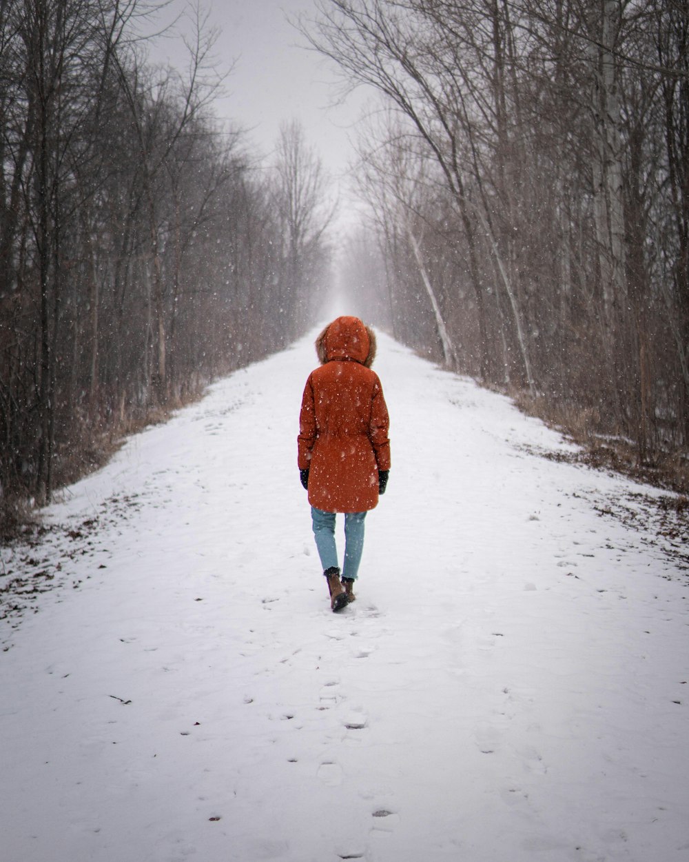 昼間、雪に覆われた小道を歩く茶色のコートを着た女性