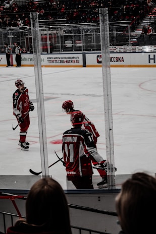 Several ice hockey players in red and black uniforms are on an ice rink. They are seen from behind a glass panel, with one player's jersey number being 11. An audience is visible in the background, along with service advertisements on the rink's perimeter.