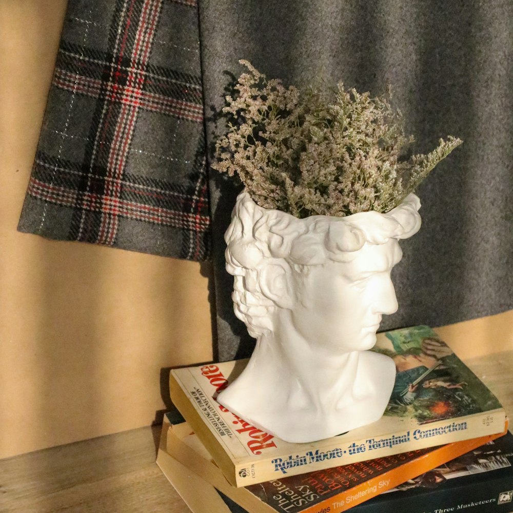 white ceramic vase with green plant