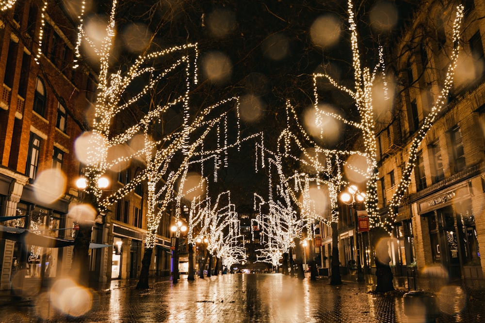 white string lights on street during night time