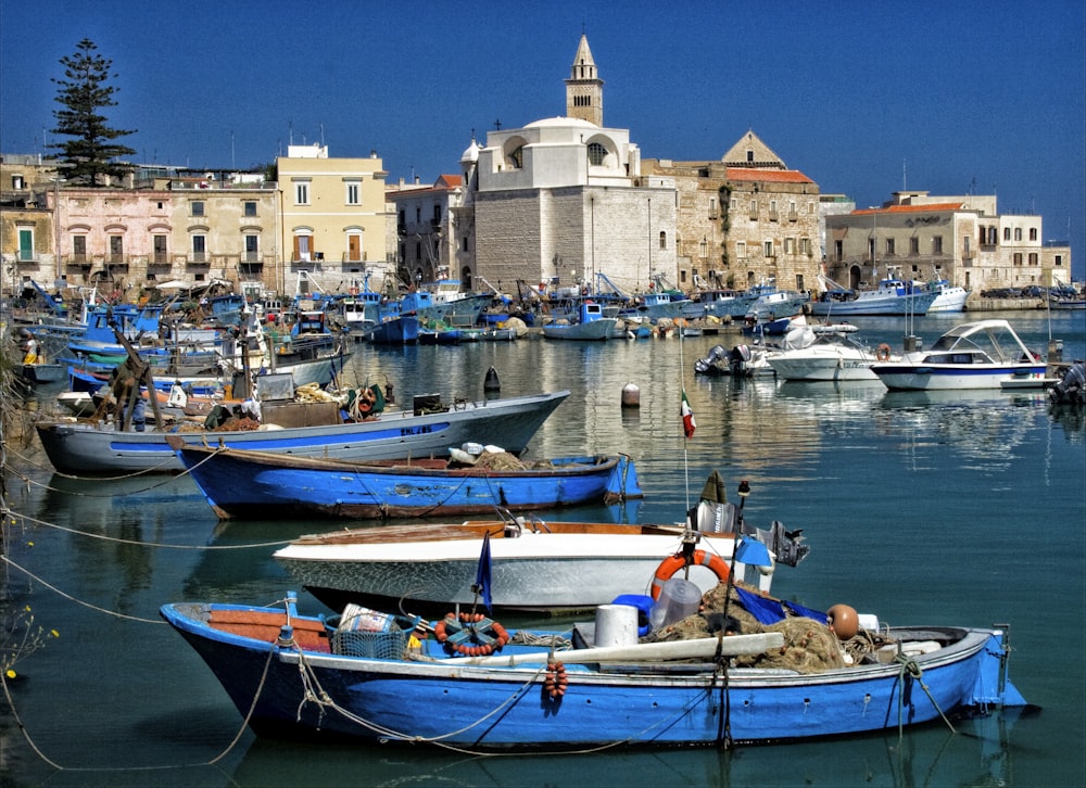 people riding on blue and white boat on water near buildings during daytime