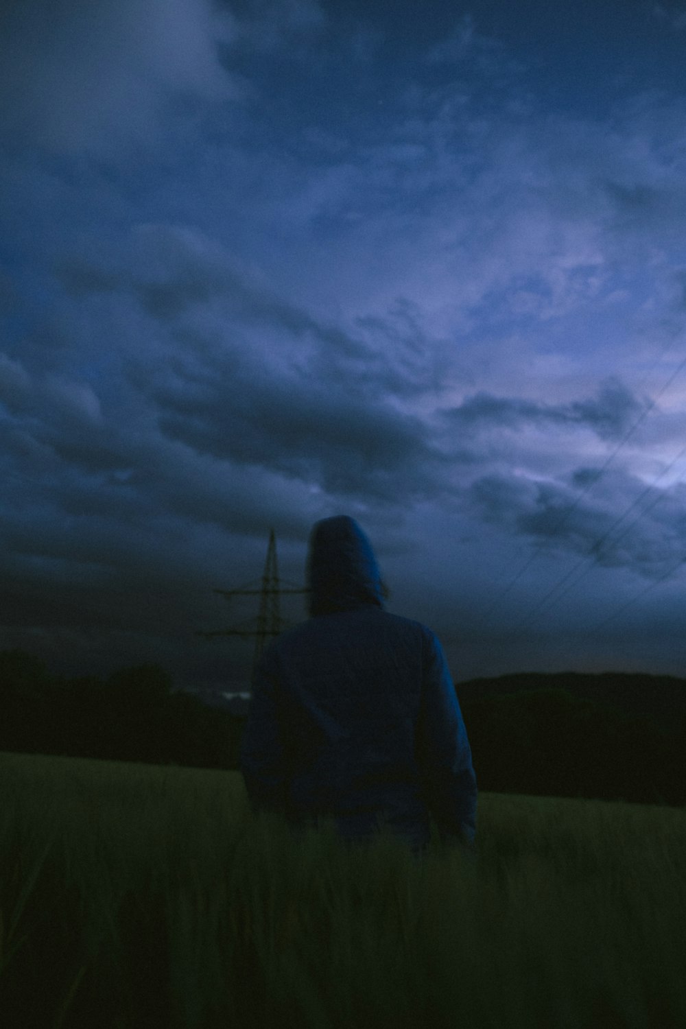 person in blue hoodie standing on green grass field under gray clouds