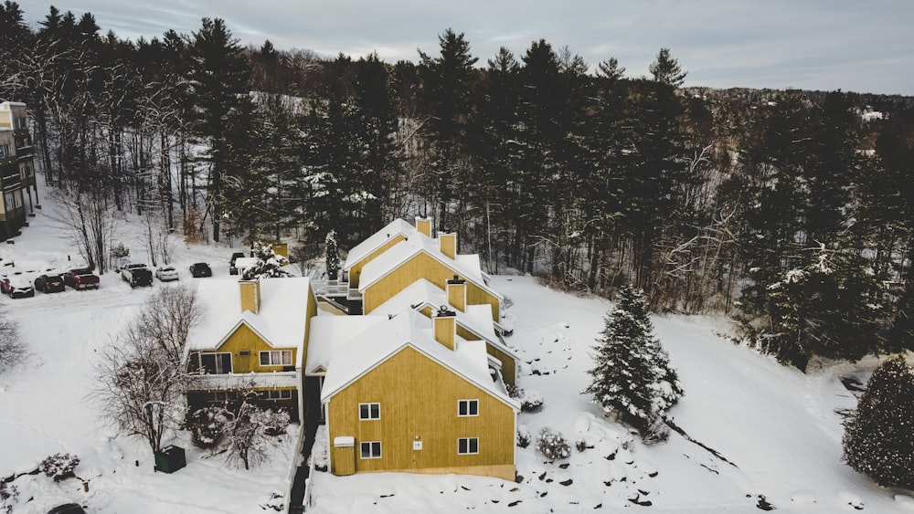 casa marrom e branca coberta de neve