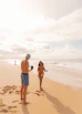 Happy couple on a sunny beach enjoying their vacation organized by a travel agency