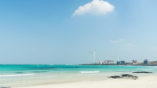 A serene beach scene with clear turquoise waters meeting a sandy shore. Wind turbines are visible in the background, near a small cluster of buildings. A single fluffy white cloud floats in the blue sky.