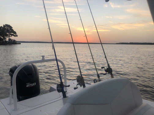 Wide view of a professional fishing boat equipped with sonar gear floating on serene lake waters.