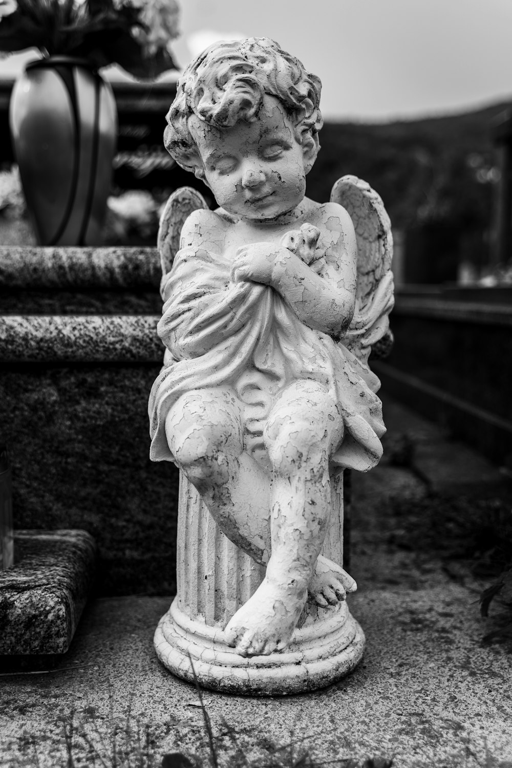 grayscale photo of angel statue