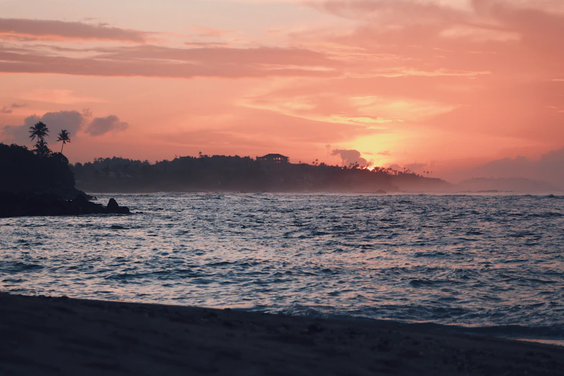 Sunset view over a serene beach in Mallorca with gentle waves and palm trees.