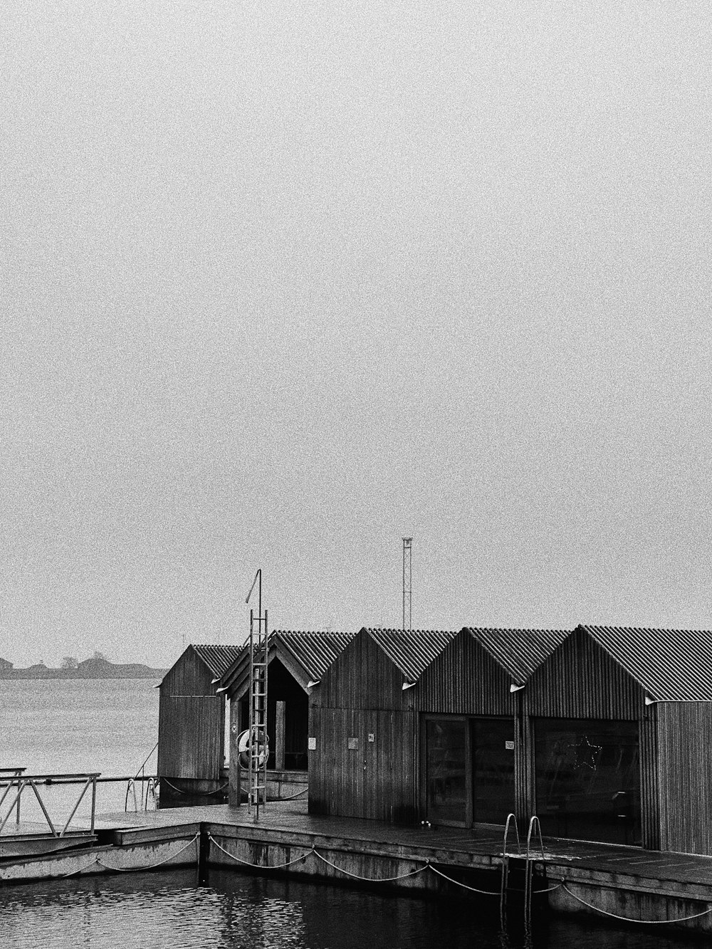 foto em escala de cinza da casa de madeira no mar