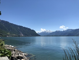 A large lake surrounded by mountains with snow-capped peaks, under a clear blue sky. Green foliage and rocks border the lakeside in the foreground.