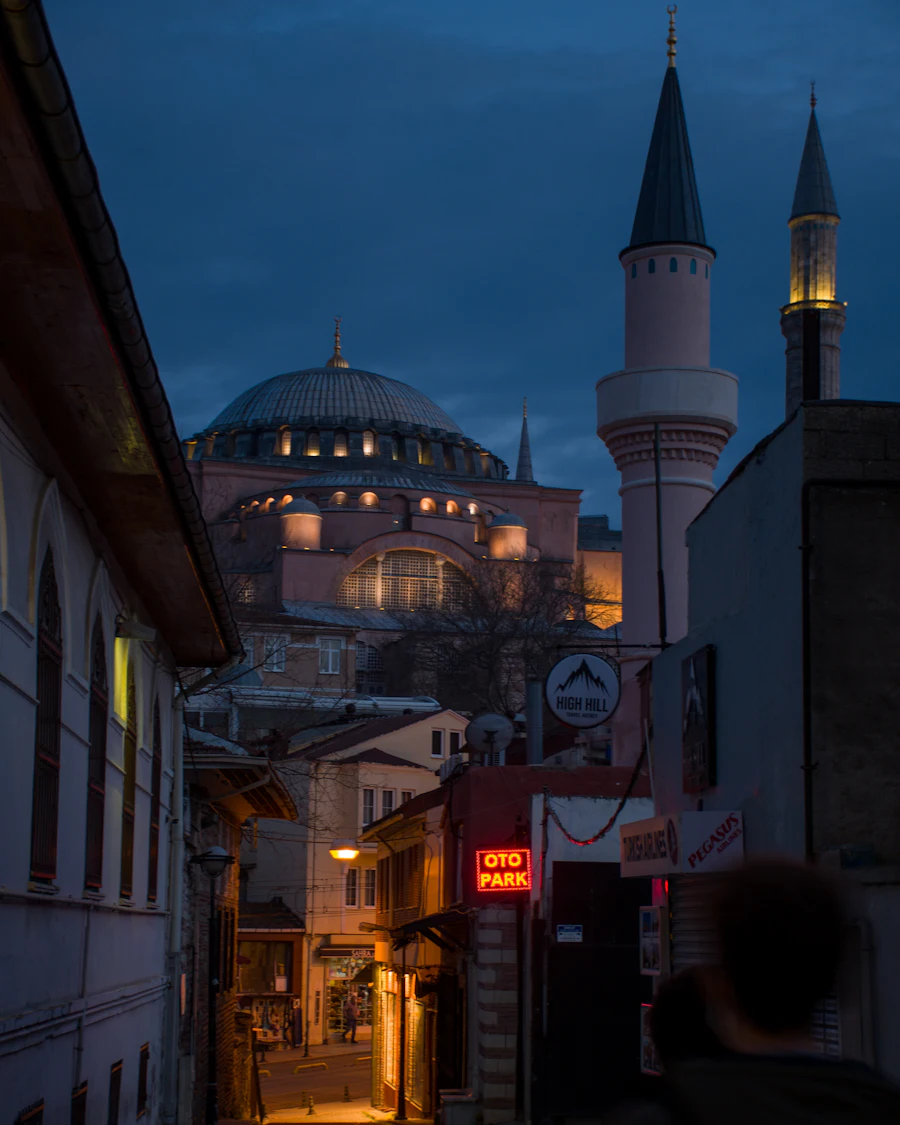 A street in Istanbul at dusk, lit windows along it and the old town behind