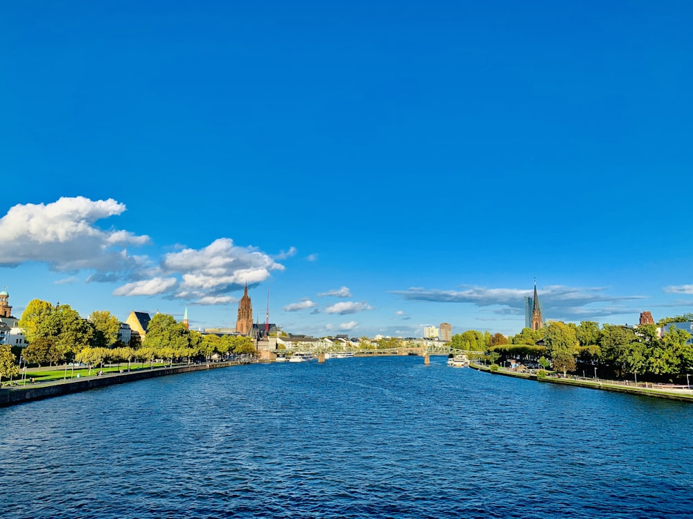 Plan d’eau près d’arbres verts sous un ciel bleu pendant la journée