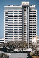 A tall, multi-story hotel building with a modern architectural design stands prominently. The structure is symmetrical with horizontal lines, large windows, and a central vertical column. Trees and a person can be seen in the foreground, adding a touch of greenery to the urban setting.