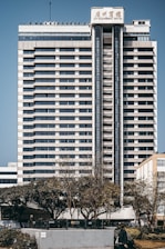 A tall, multi-story hotel building with a modern architectural design stands prominently. The structure is symmetrical with horizontal lines, large windows, and a central vertical column. Trees and a person can be seen in the foreground, adding a touch of greenery to the urban setting.