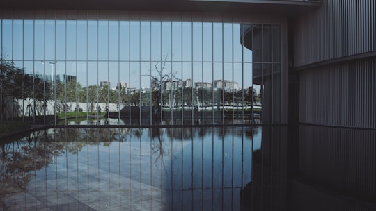 A large glass wall reflects an outdoor scene featuring trees and distant buildings. The water in front of the wall creates a mirrored effect, doubling the reflection. The architecture includes structured lines and surfaces, adding to the modern and sleek aesthetic.