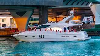 A luxury white yacht is sailing under a large concrete bridge in a bustling urban environment. Red buoys are attached to the sides of the yacht, and a person in blue clothing is visible on deck. The water is a vibrant blue, contrasting with the grey tones of the bridge structure above.