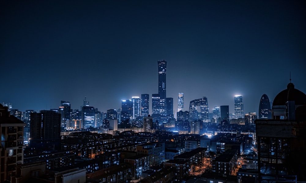 city skyline during night time