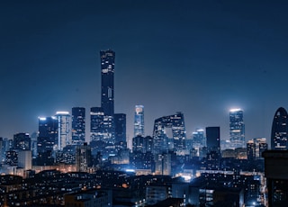 city skyline during night time