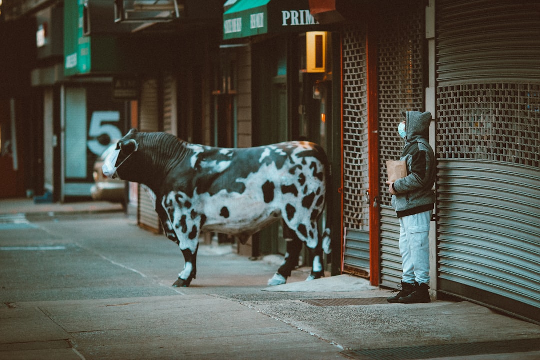 woman in white and black cow costume walking on street during daytime