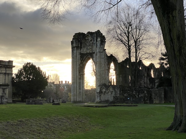 Gothic ruins stand against a sunset backdrop, with bare trees and lush green grass in the foreground. The weathered stone archways create a dramatic silhouette, framed by the evening sky. A lone bird is in flight, providing a sense of stillness amidst the ancient structure.