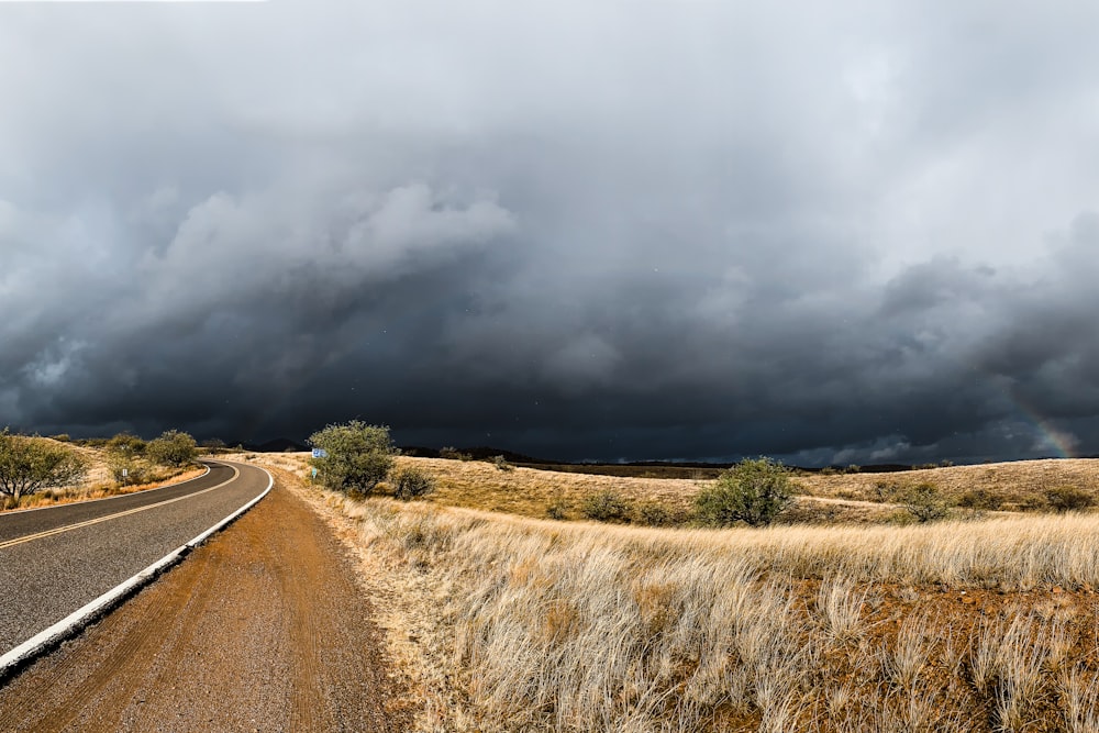 brown grass field under gray clouds