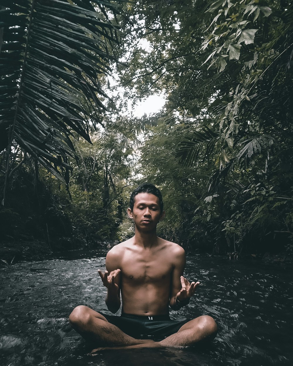 topless man sitting on water near green leaf trees during daytime