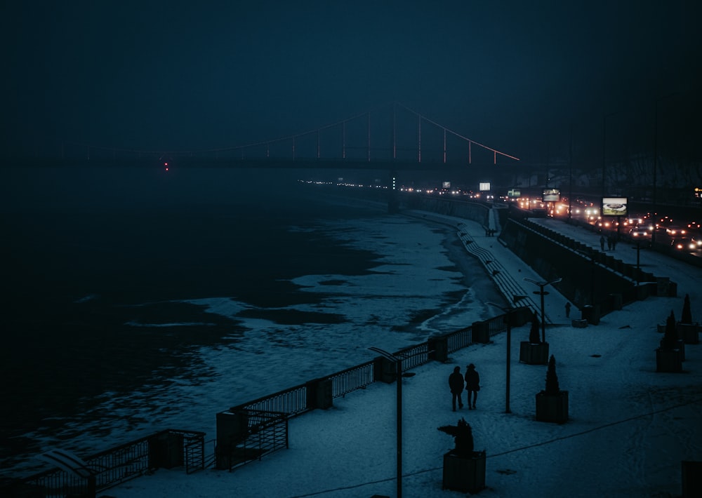 people walking on bridge during night time