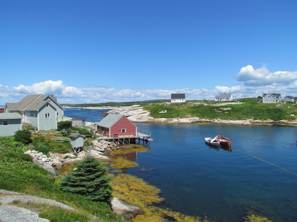 white and brown wooden house beside river under blue sky during daytime