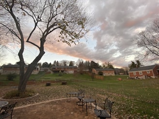 A residential neighborhood with several houses surrounded by trees. The foreground features a brick patio with outdoor metal furniture, including chairs and tables. An expansive grassy backyard is visible, leading up to a row of houses. The sky is overcast with dramatic, textured clouds displaying hints of pink and orange, suggesting a sunset or sunrise.