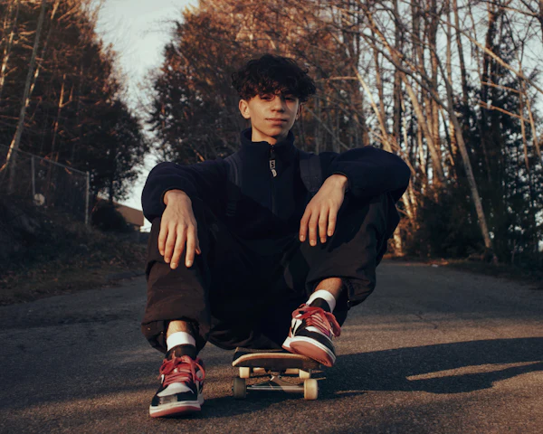 A young creator sitting on a skateboard in golden light