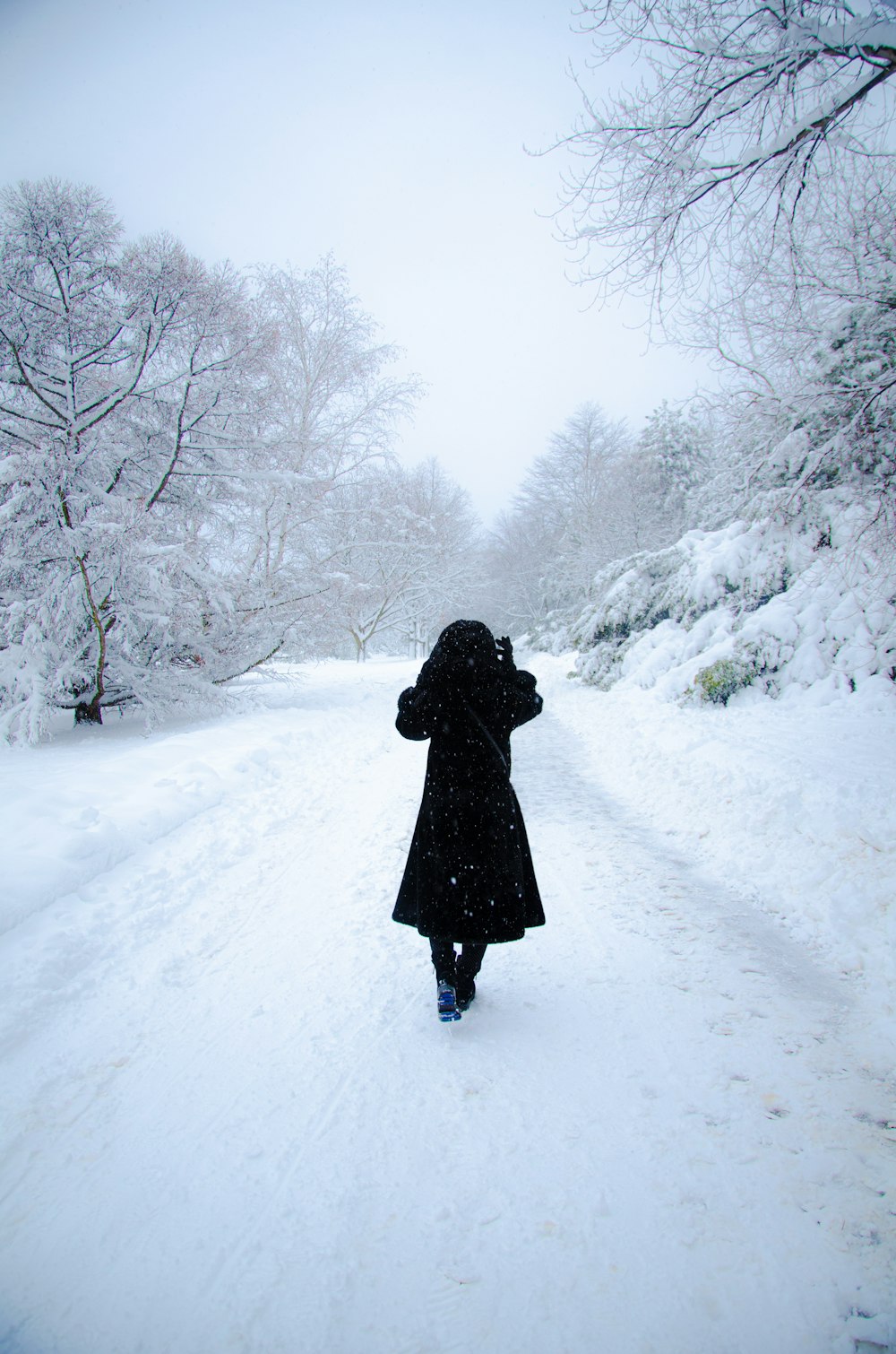 昼間、雪に覆われた地面を歩く黒いコートを着た人
