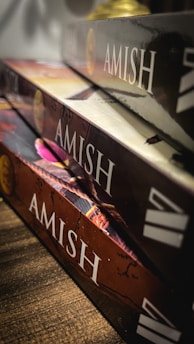 A close-up view of three books stacked on a wooden surface. Each book has 'AMISH' written on the spine in bold letters, with colorful covers and a glossy finish. The books are slightly tilted, creating a dynamic composition with shadows and light reflections.