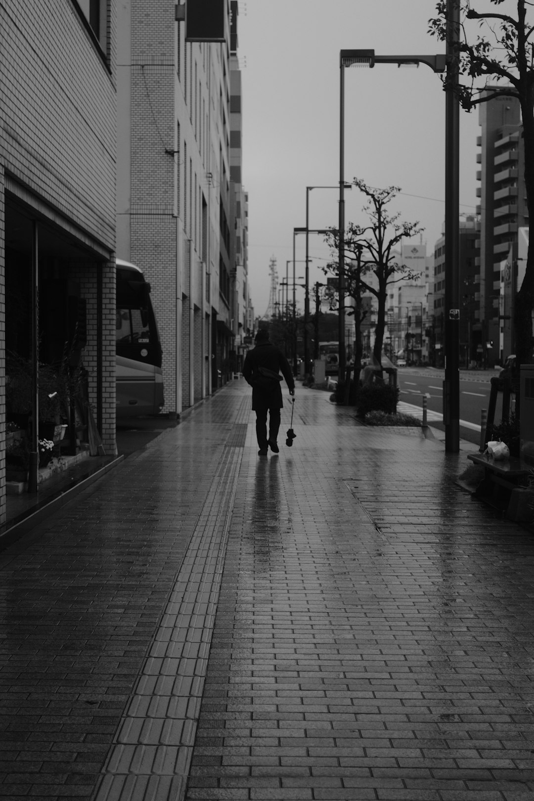 grayscale photo of 2 person walking on sidewalk