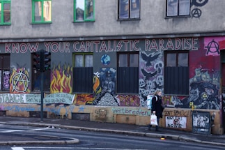 A heavily graffiti-covered wall features various anarchist symbols, skulls, flames, and urban imagery. The phrase 'Know Your Capitalistic Paradise' is prominently displayed at the top. A person walking by is carrying a shopping bag, and there is a traffic light and street corner visible.