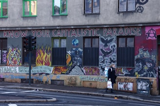A heavily graffiti-covered wall features various anarchist symbols, skulls, flames, and urban imagery. The phrase 'Know Your Capitalistic Paradise' is prominently displayed at the top. A person walking by is carrying a shopping bag, and there is a traffic light and street corner visible.