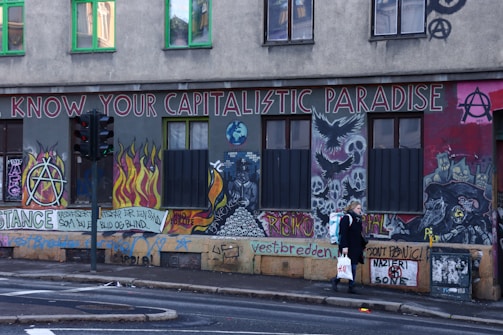 A heavily graffiti-covered wall features various anarchist symbols, skulls, flames, and urban imagery. The phrase 'Know Your Capitalistic Paradise' is prominently displayed at the top. A person walking by is carrying a shopping bag, and there is a traffic light and street corner visible.