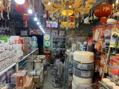 Shelves filled with electrical supplies and hardware in a Casablanca store.