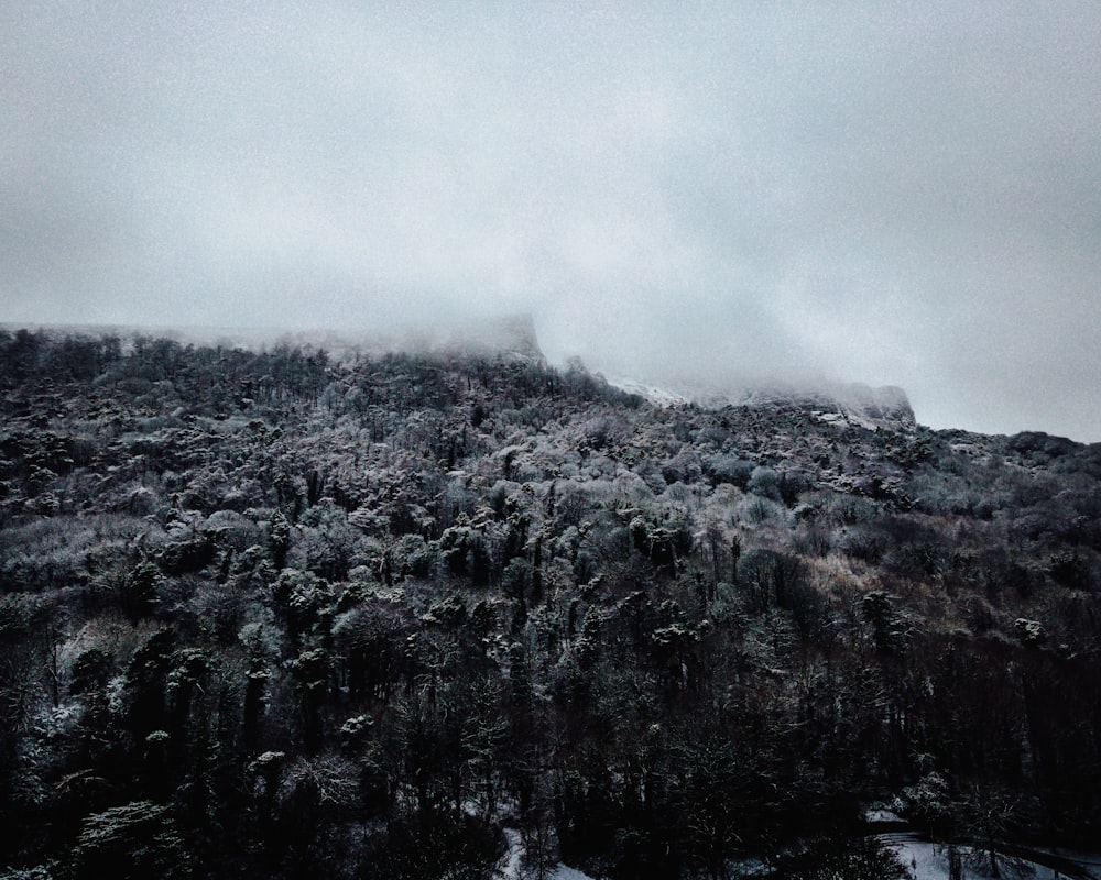 grayscale photo of mountain covered with clouds