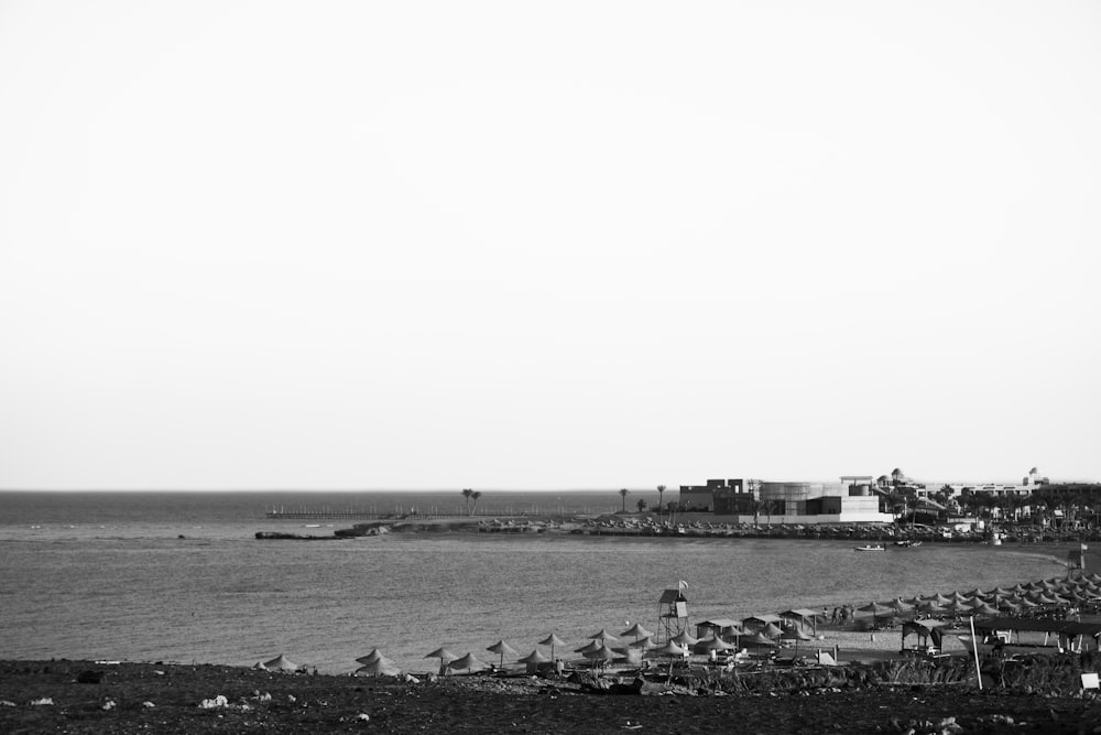 grayscale photo of people on beach