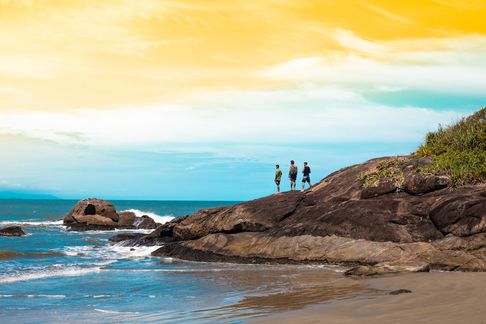 2 person standing on brown rock formation near body of water during daytime