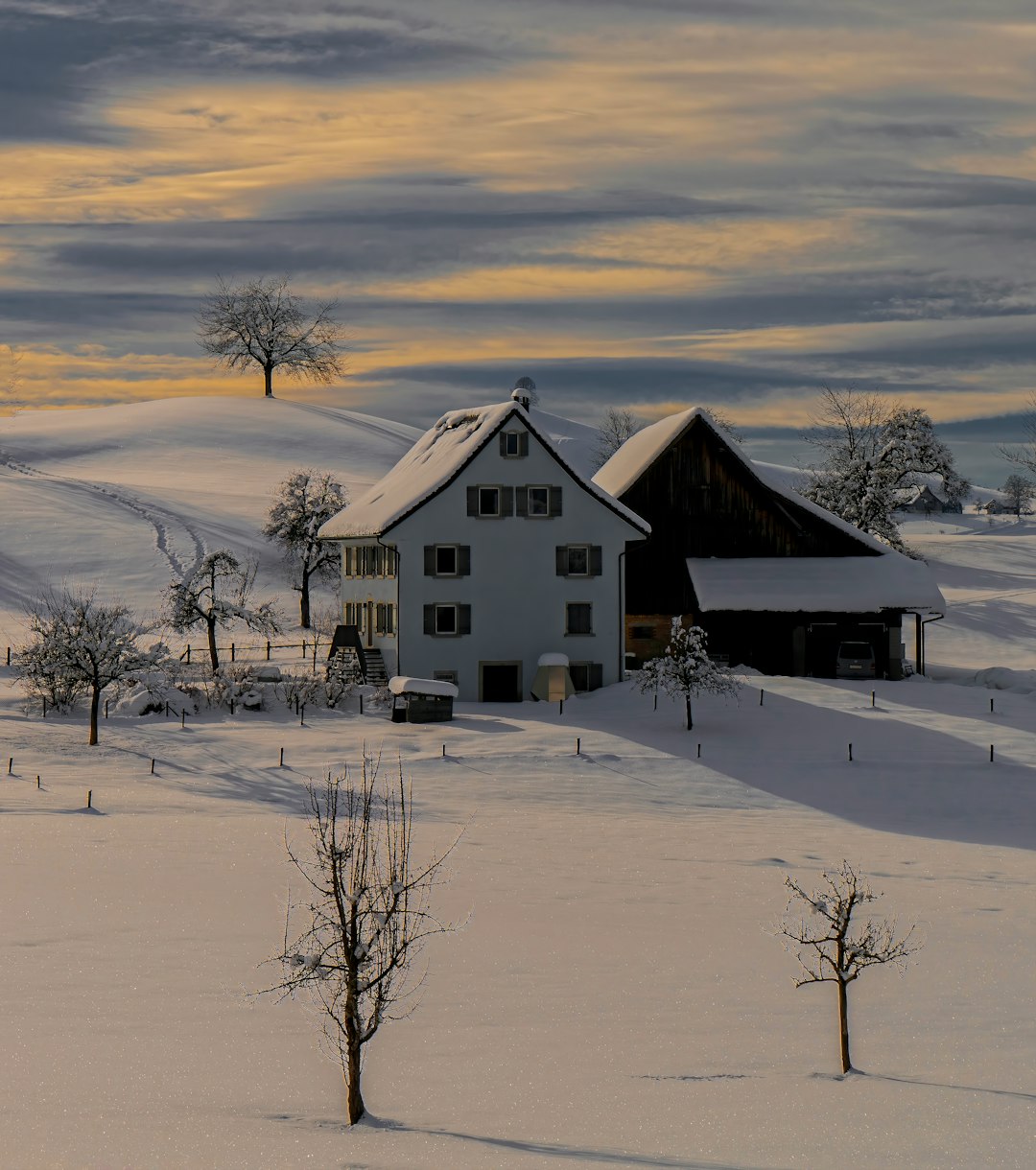 brown wooden house on snow covered field during daytime
