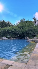 A serene swimming pool surrounded by green grass and trees under a clear blue sky.
