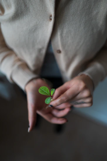 person in white blazer holding green heart ornament